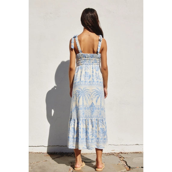Seascape Shirred Fit and Flare Midi Dress