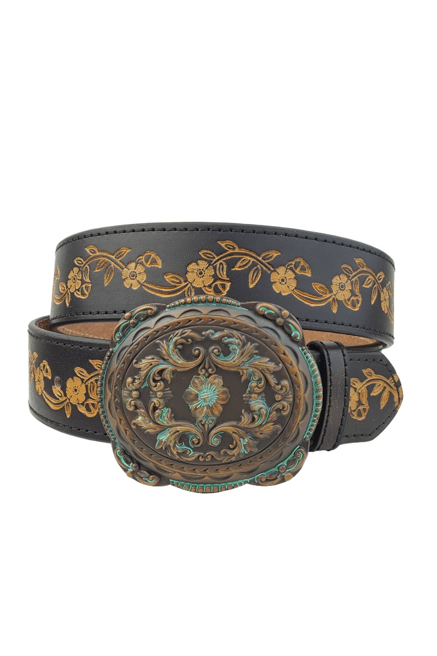 Western Brass/Patina Buckle with Vintage floral tooled belt