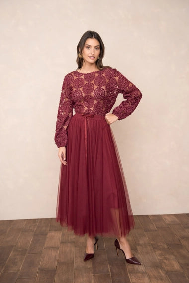 Aria Long Tulle Skirt- Bordeaux