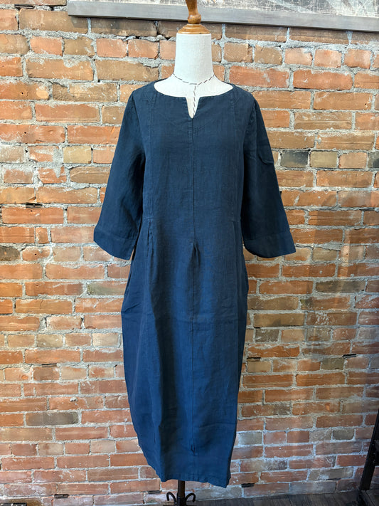 11020 Long Pleated Dress With 3/4 Sleeves | Midnight Blue