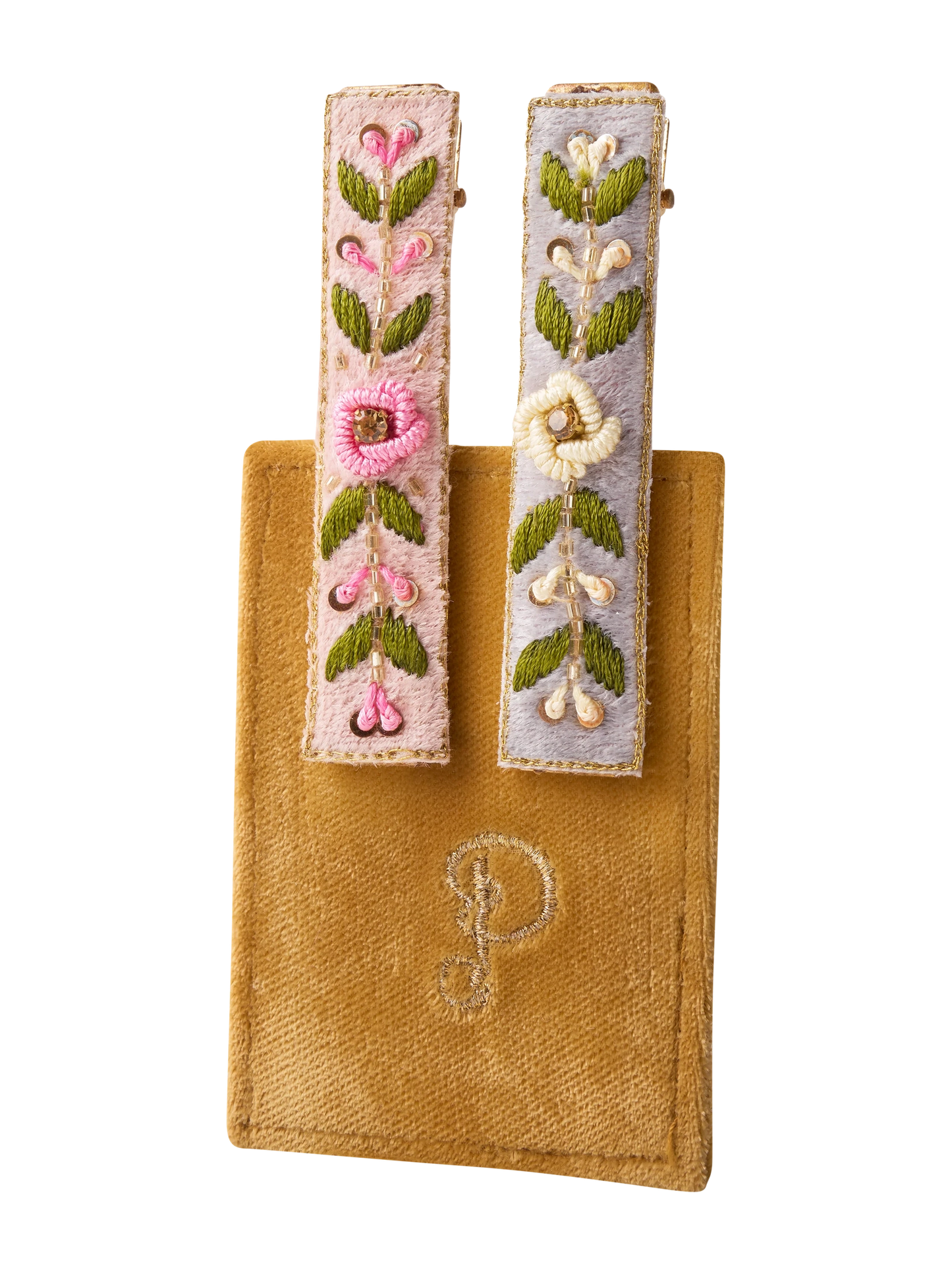 Embroidered Hair Bars - Petal/Powder Blue Floral Vines