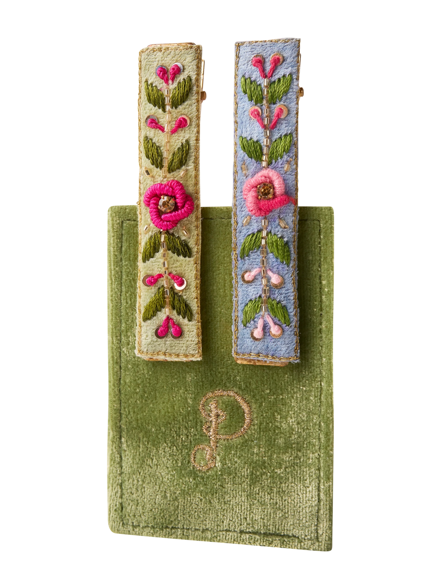 Embroidered Hair Bars - Mint/Cornflower Floral Vines