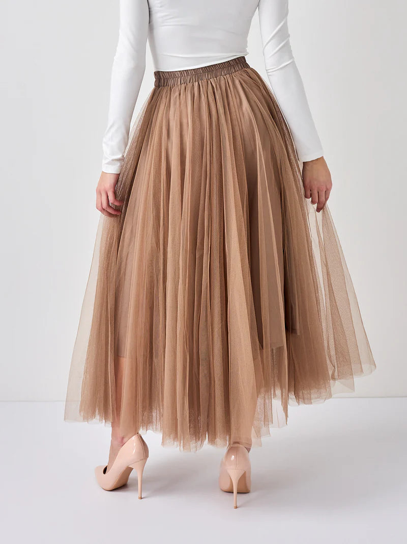 Aria Long Tulle Skirt - Taupe