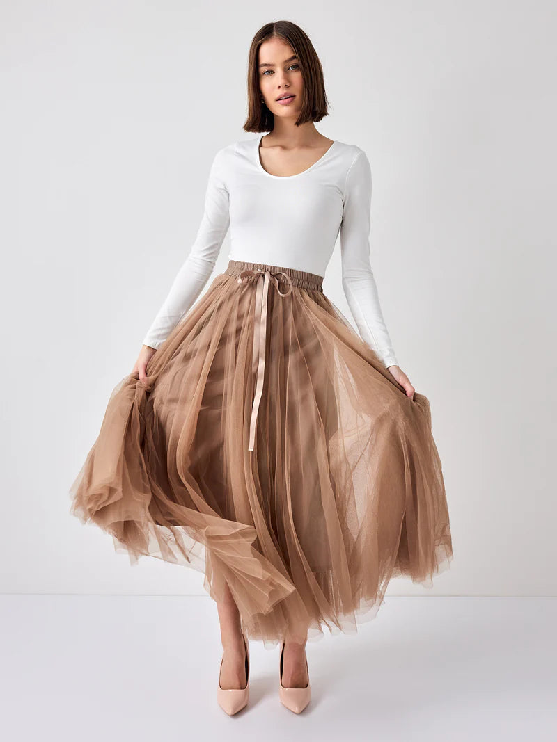 Aria Long Tulle Skirt - Taupe