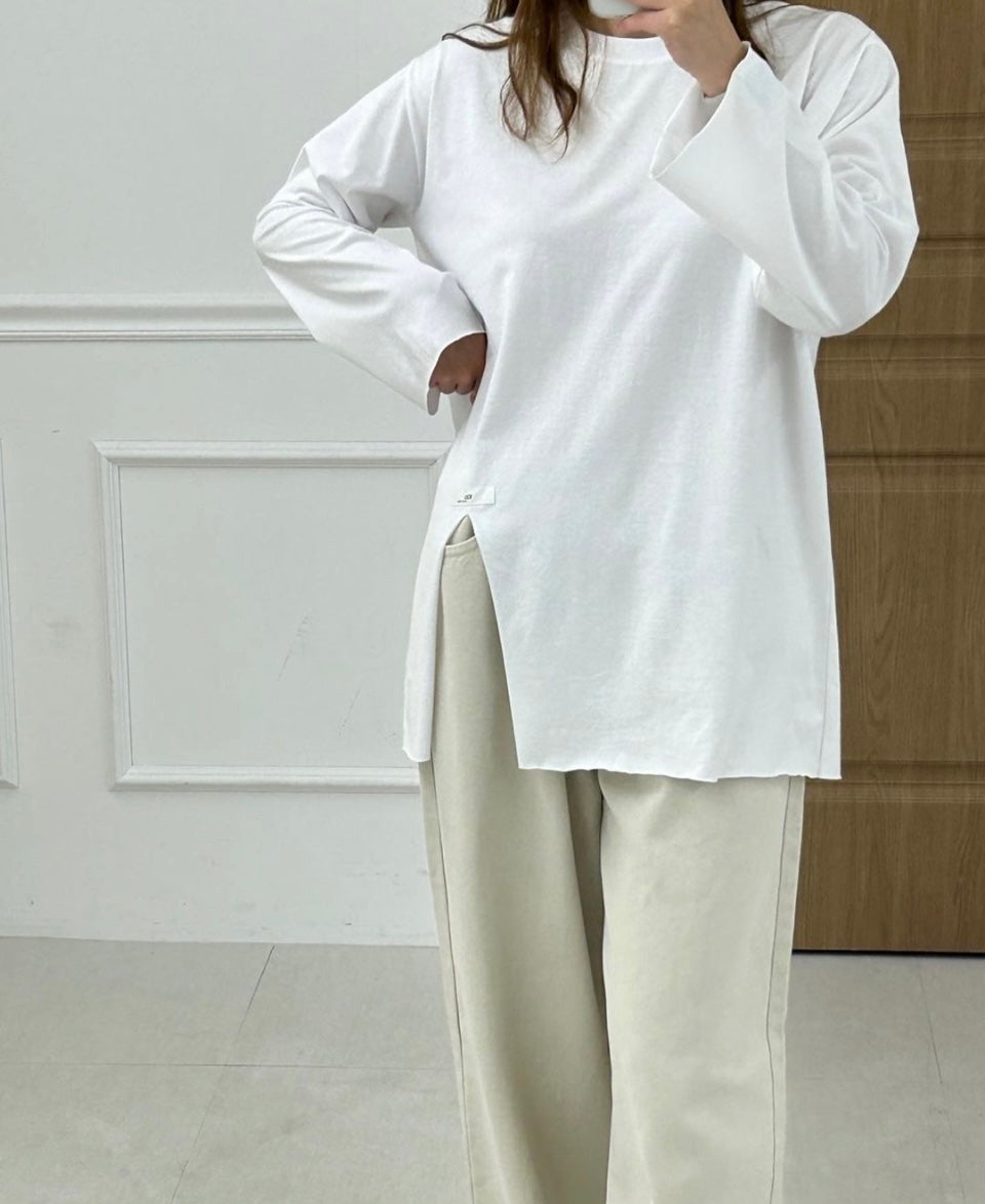 Asymmetrical Half Slit Long Sleeves Tee