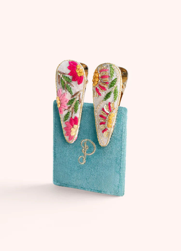 Jewelled Hair Clips - Cream Floral