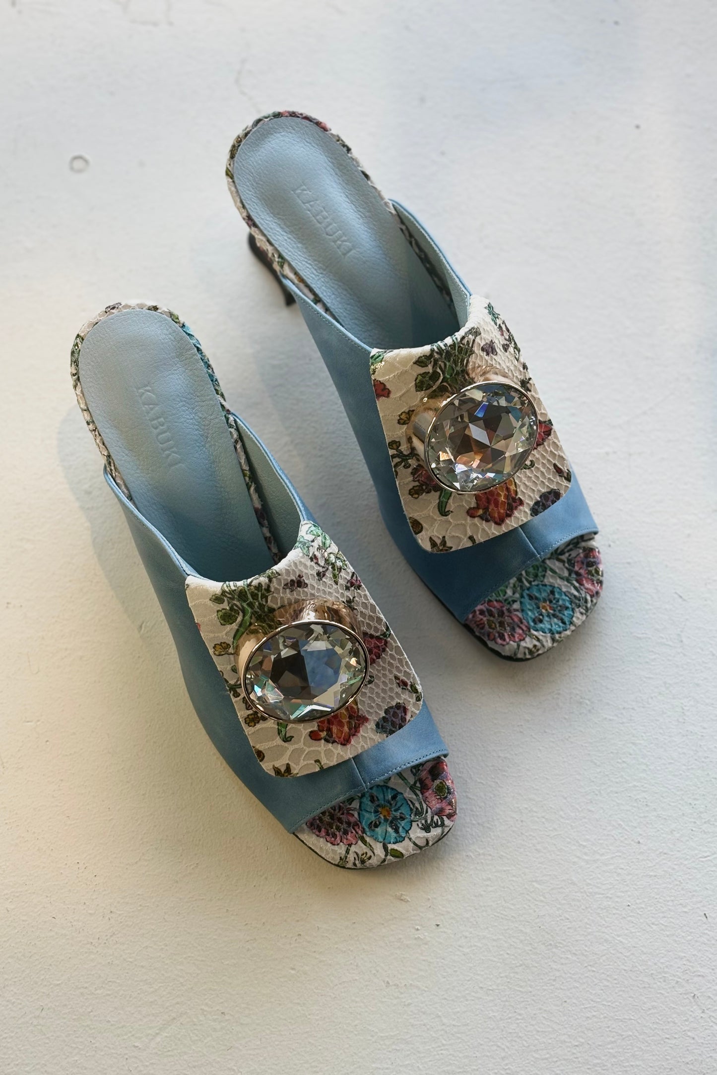 THE NATASHA Calf Leather Floral Mules | Blue