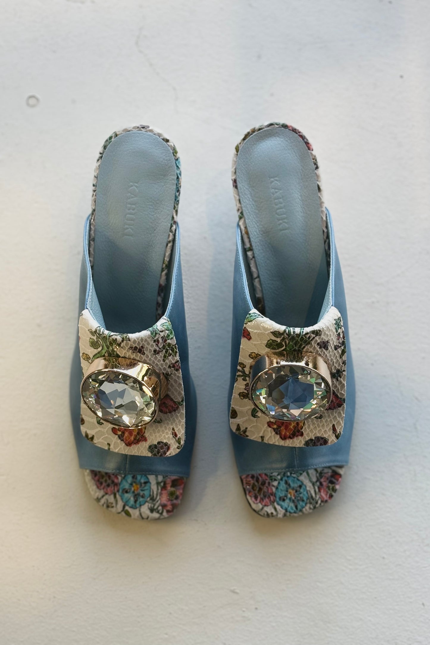 THE NATASHA Calf Leather Floral Mules | Blue