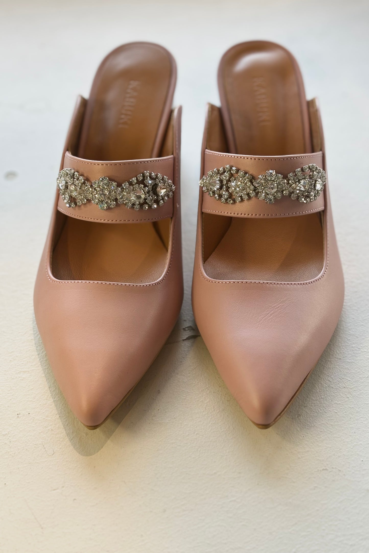 THE FRANCES Calf Leather Jeweled Mules | Salmon