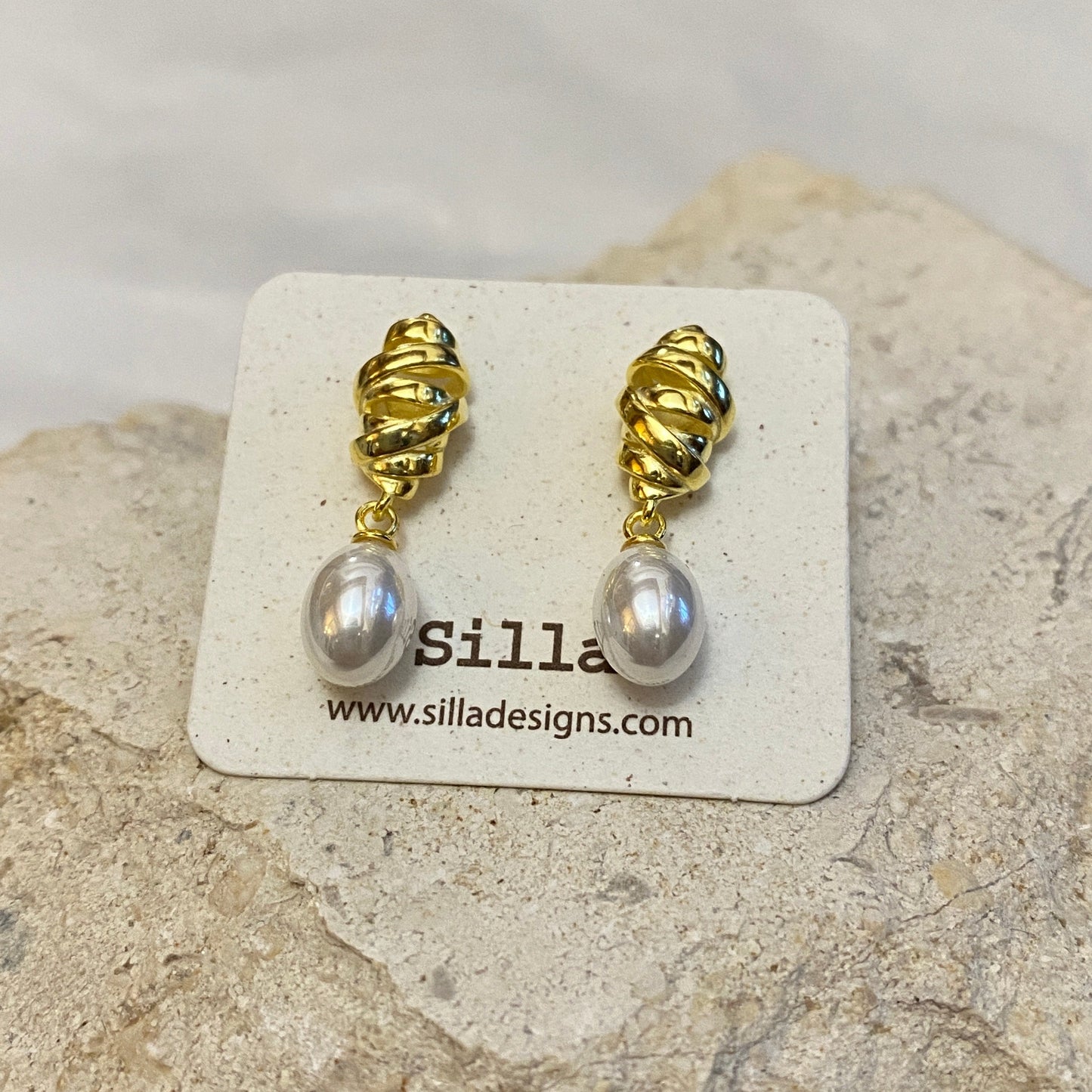 Gold and Silver Swirl Pearl Drop Earrings