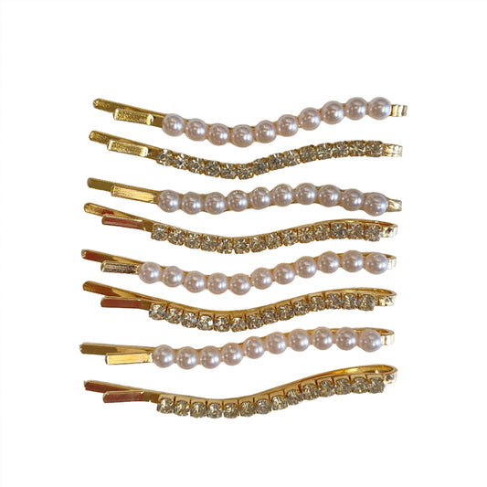 Wavy Pearl and Gem Hair Pins | Set of 8