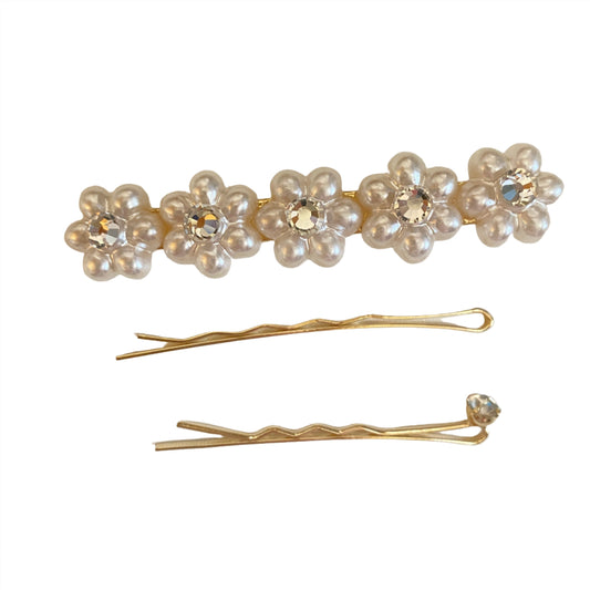 Small Bejeweled Pearl Flower Hair Pin II Set of Three