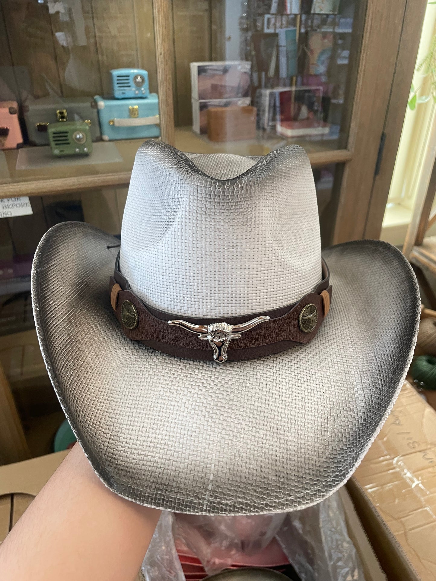 Western Long Horn Strap Minimalist Straw Cowboy Hat | Black & White