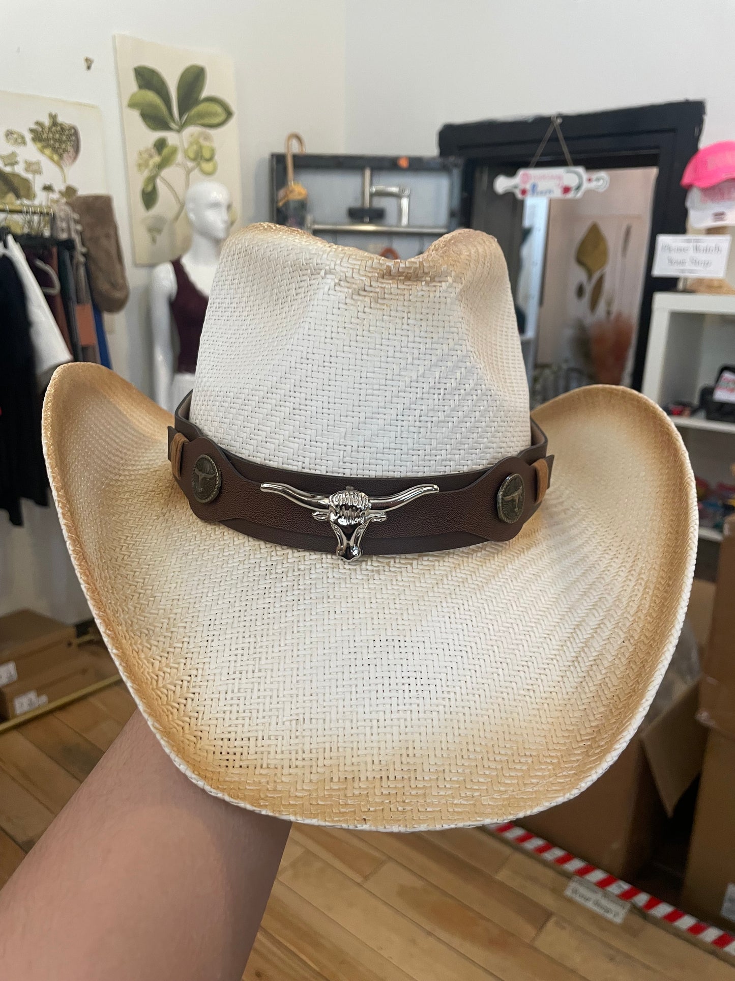 Western Long Horn Strap Minimalist Straw Cowboy Hat | White & Brown