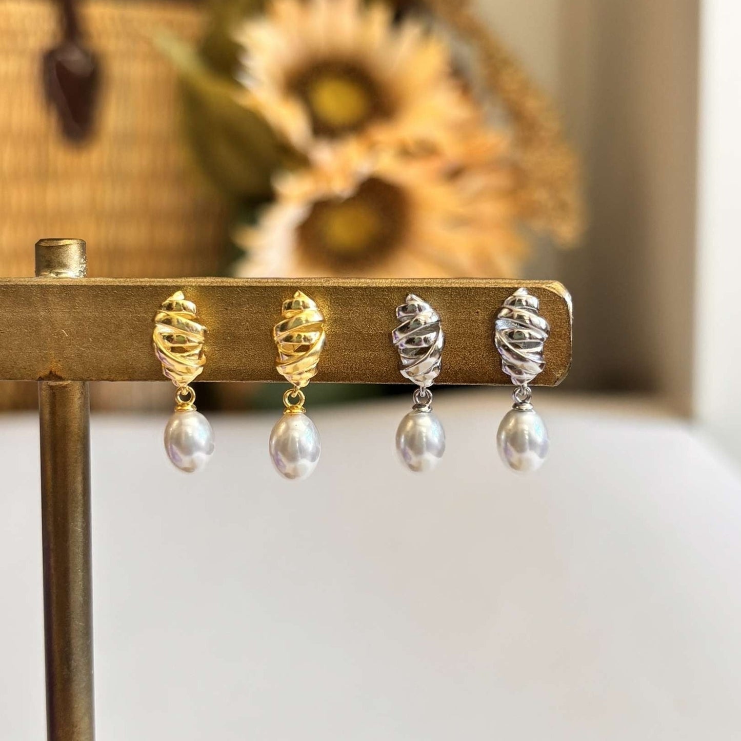 Gold and Silver Swirl Pearl Drop Earrings