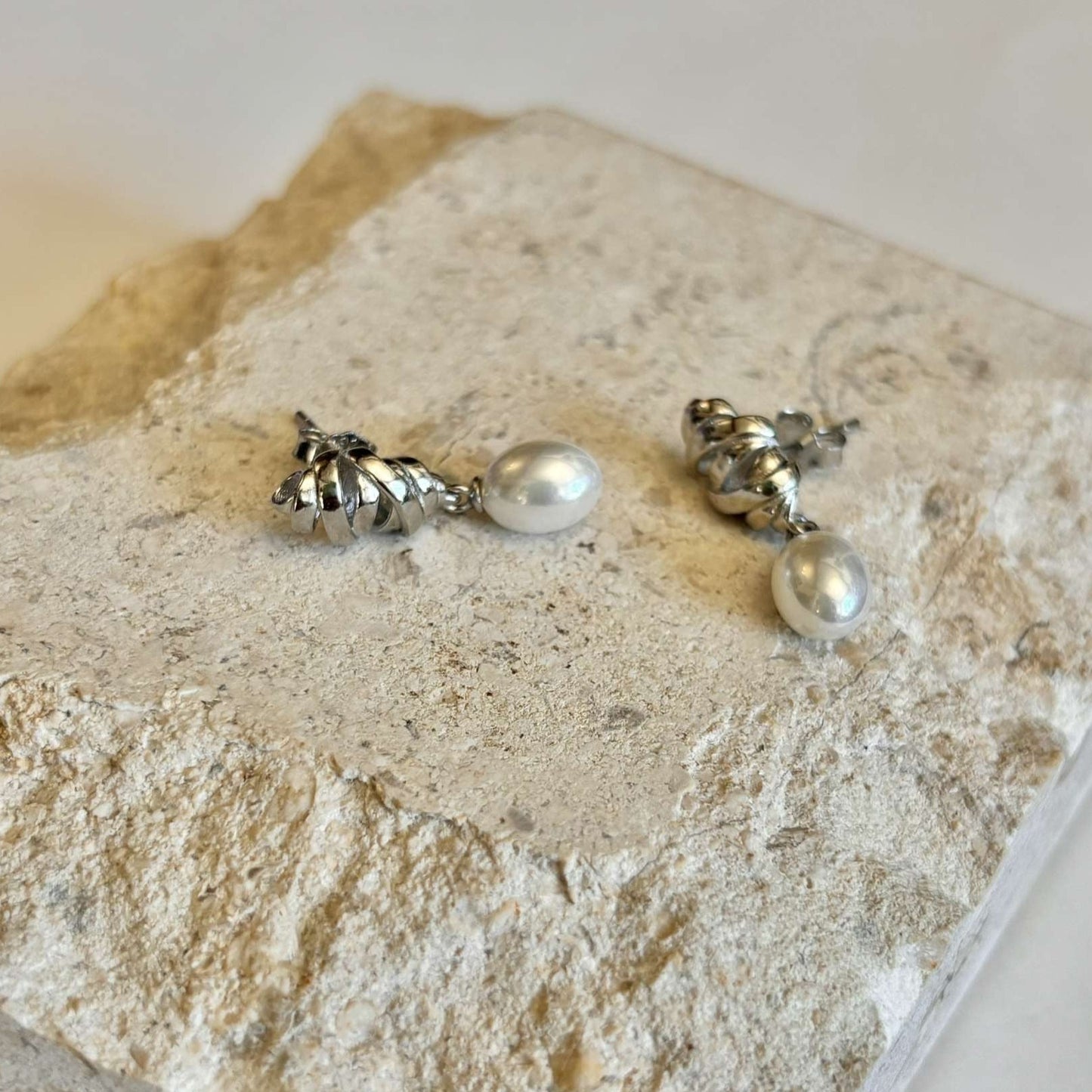 Gold and Silver Swirl Pearl Drop Earrings