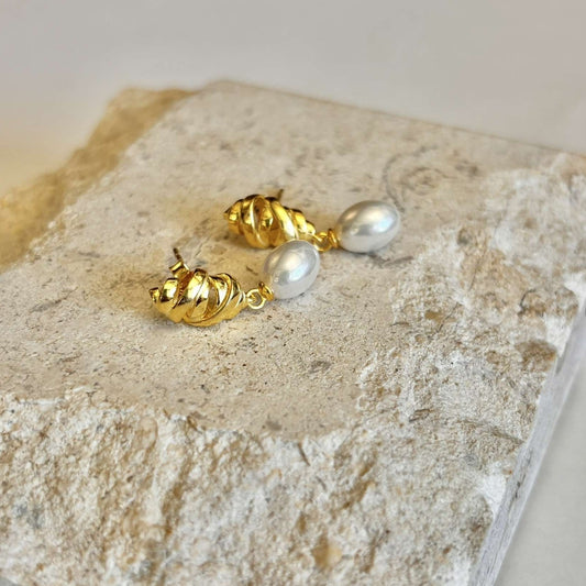 Gold and Silver Swirl Pearl Drop Earrings