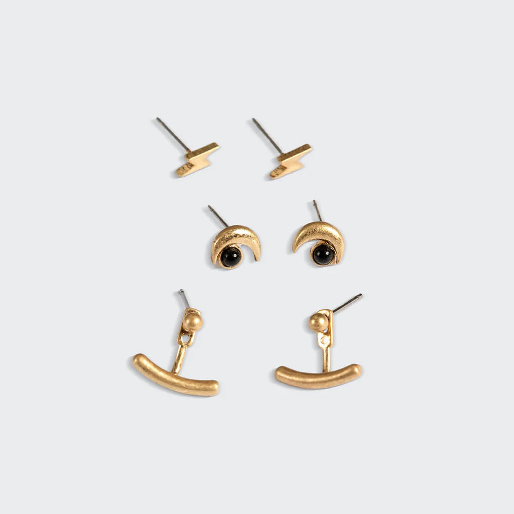 Stud Trio Ear Jacket Set - Moon | Black Spinel | Gold