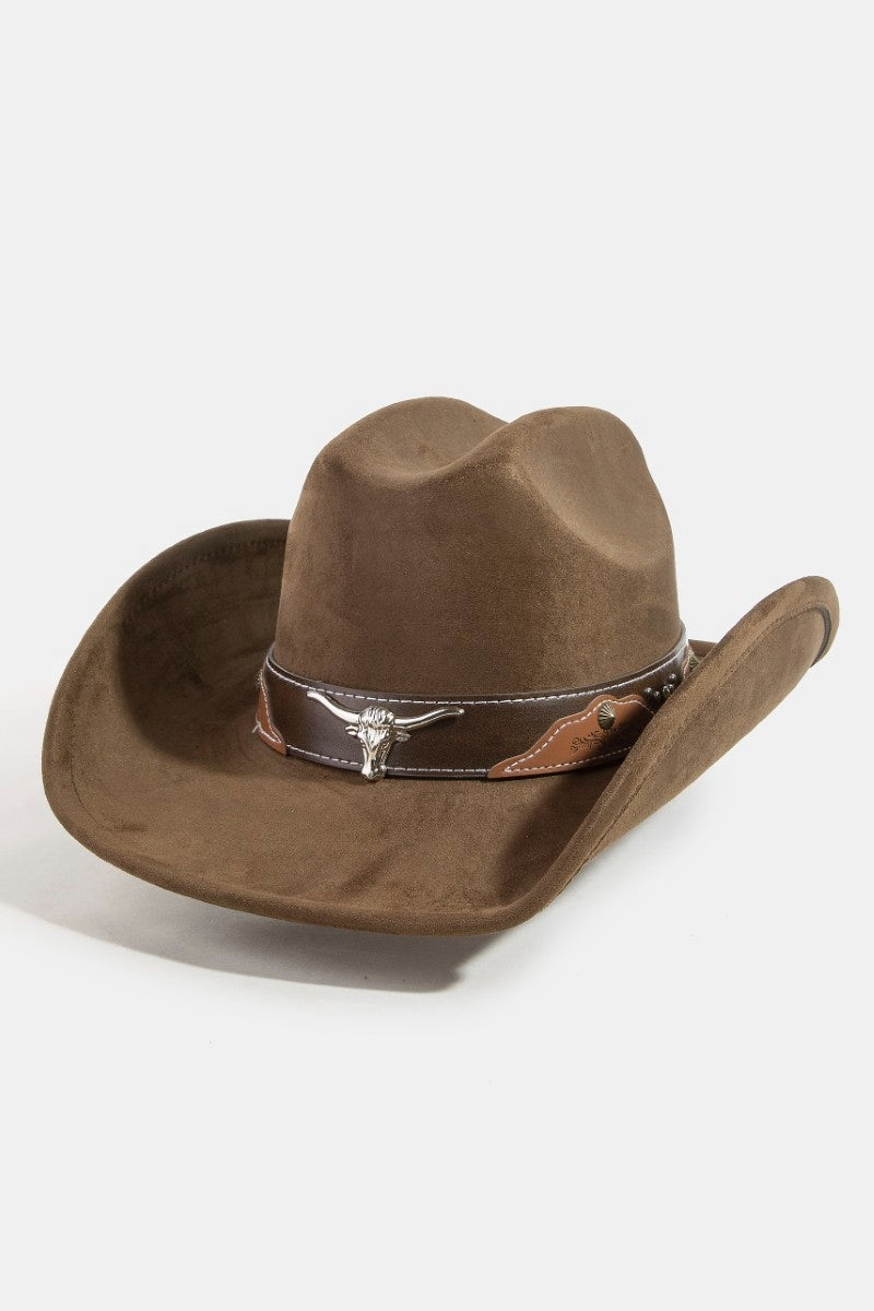 Western Long Horn Leather Strap Cowboy Hat Coffee