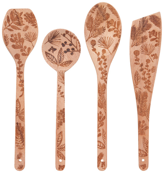 Winterberry Engraved Neem Wood Utensils | Set of 4