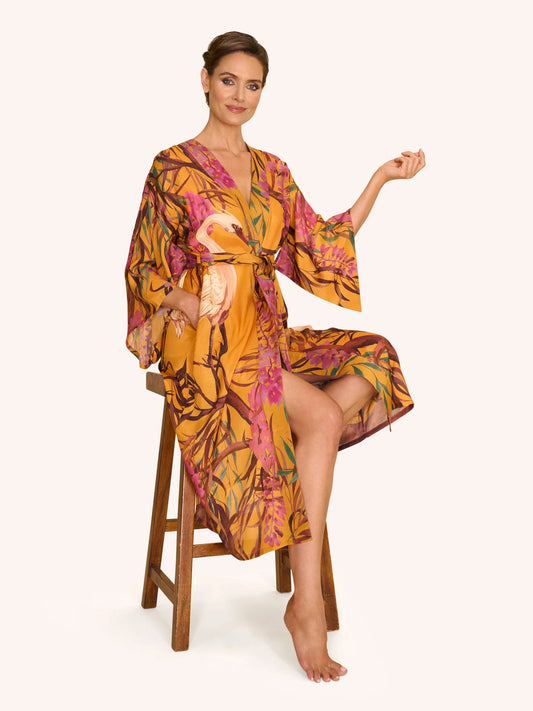 Oriental Crane Ochre Kimono Gown