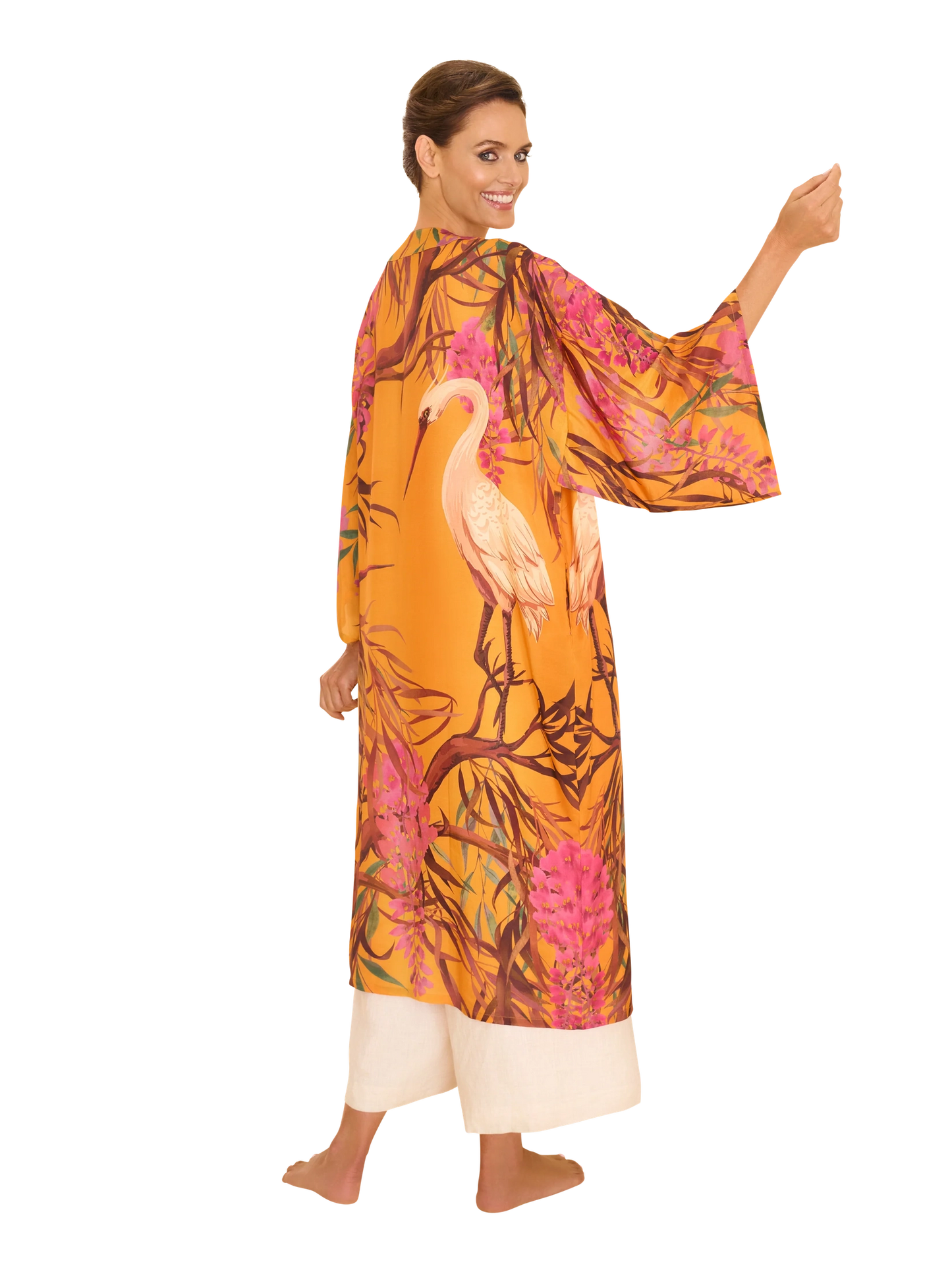Oriental Crane Ochre Kimono Gown