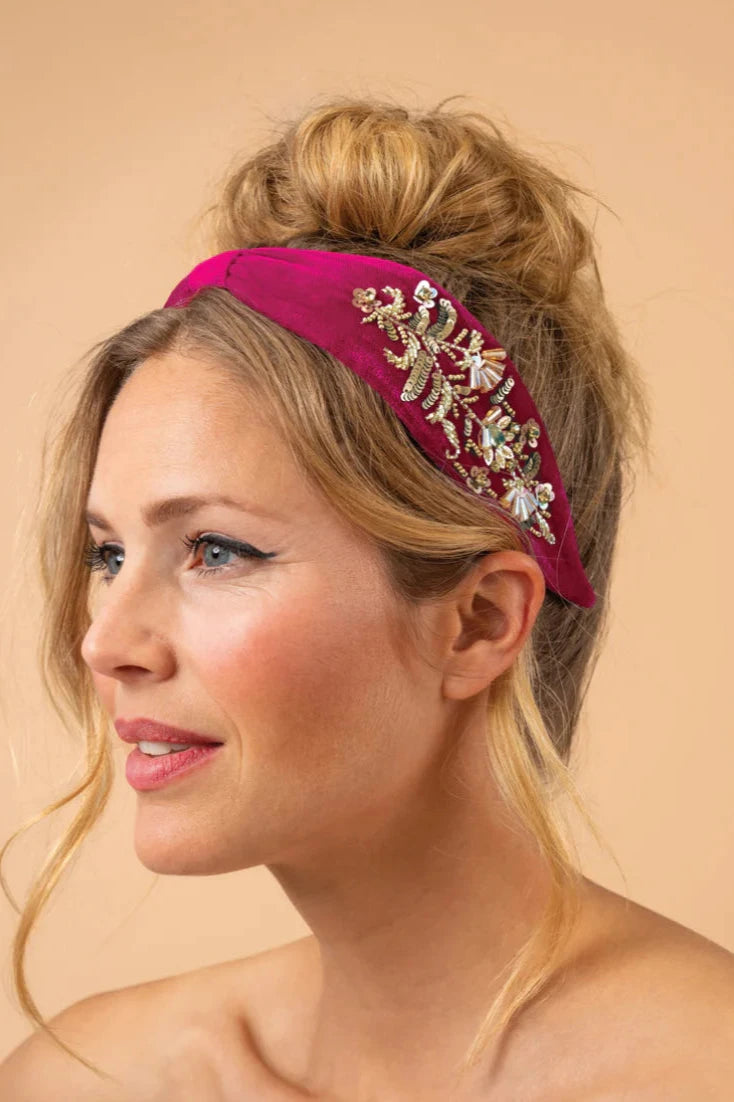 Velvet Embroidered Narrow Headband | Golden Wildflowers