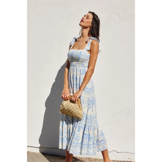 Seascape Shirred Fit and Flare Midi Dress