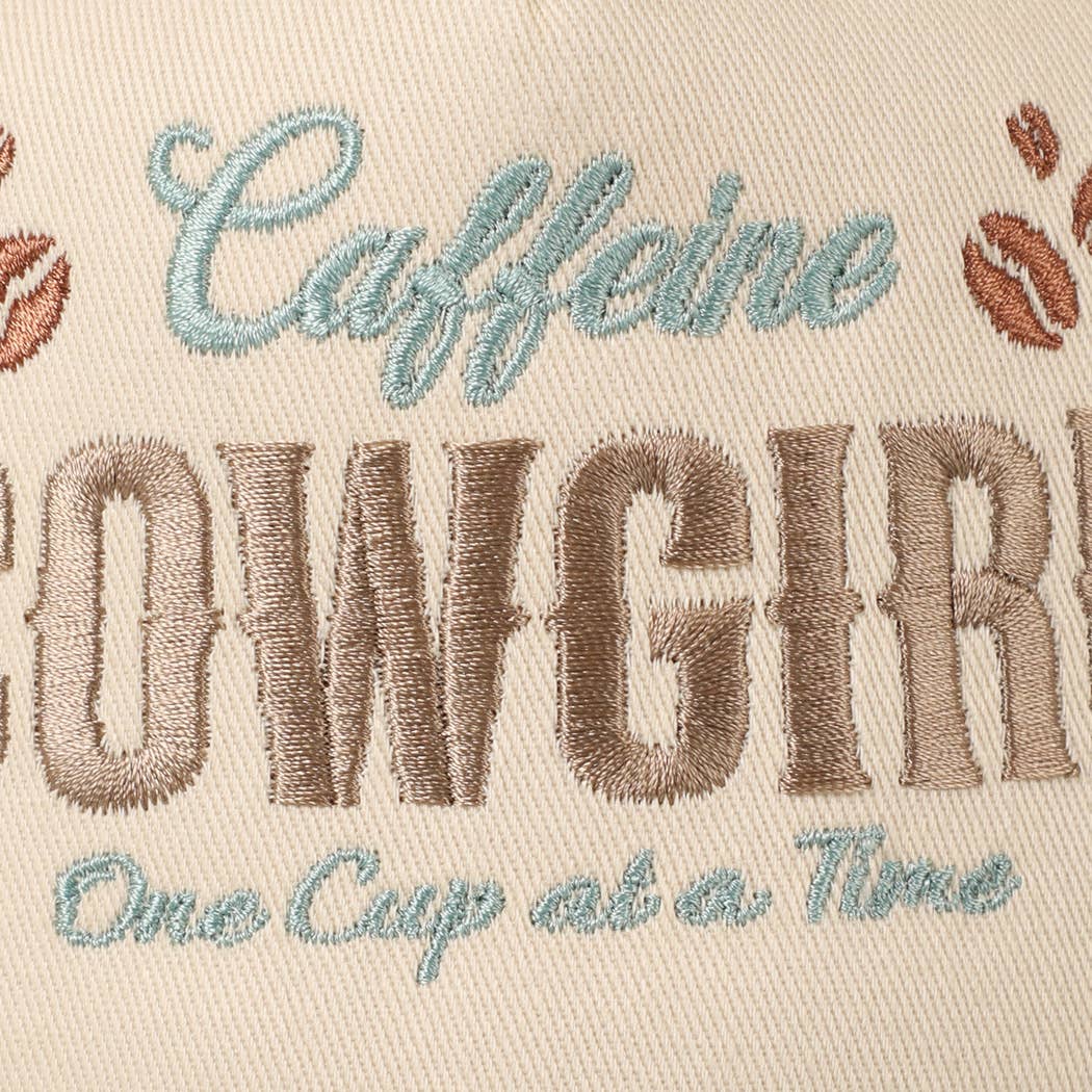 Caffeine Cowgirl One Cup At A Time Lettering Embroidery Cap