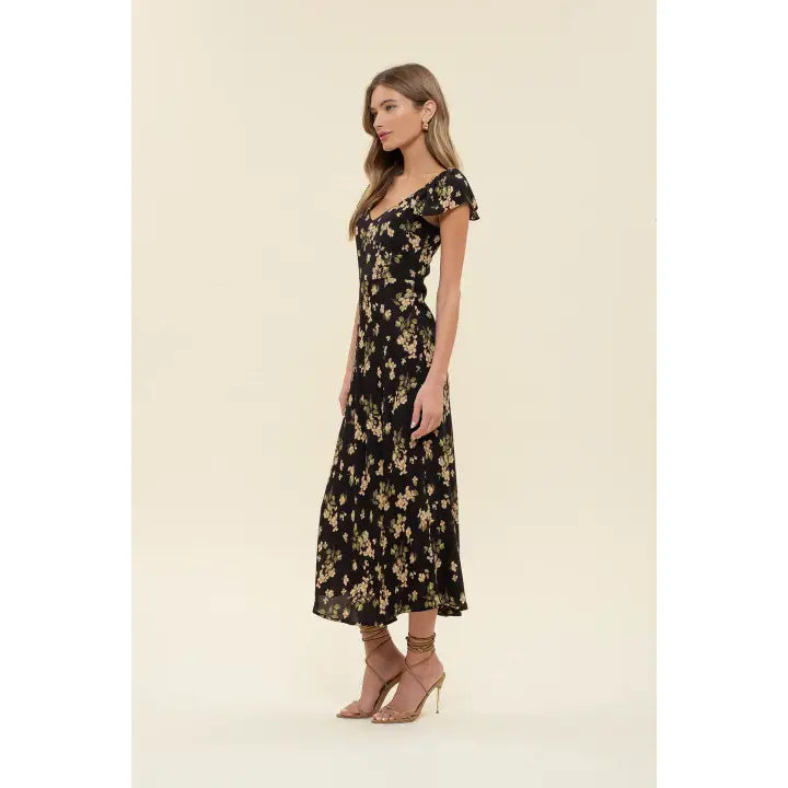 Floral V Neck Ruffle Sleeve Side Slit Midi Dress