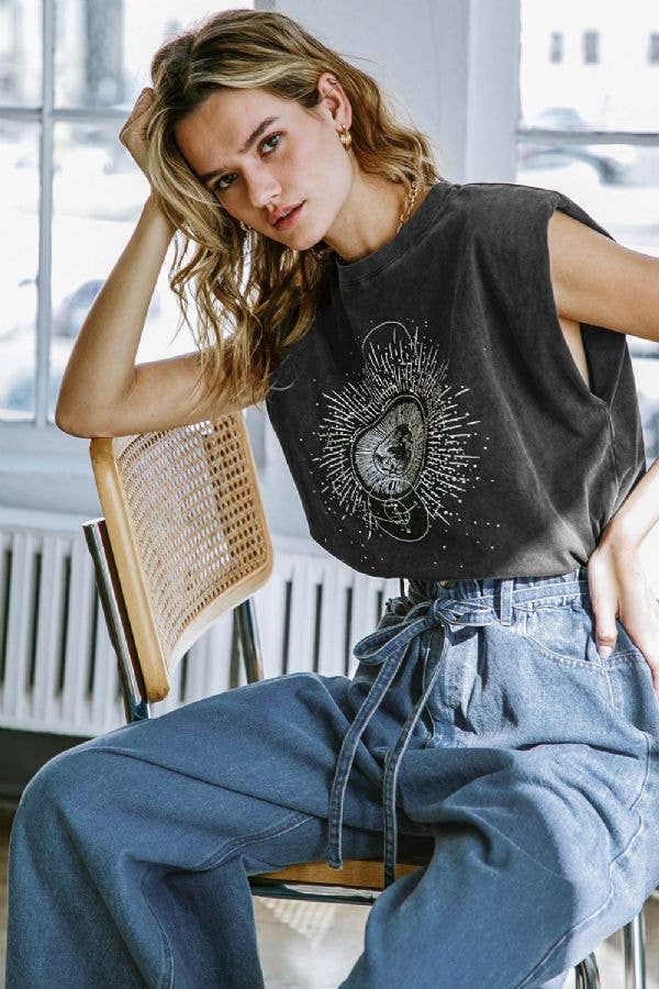 Sleeveless Washed Top With Rhinestones