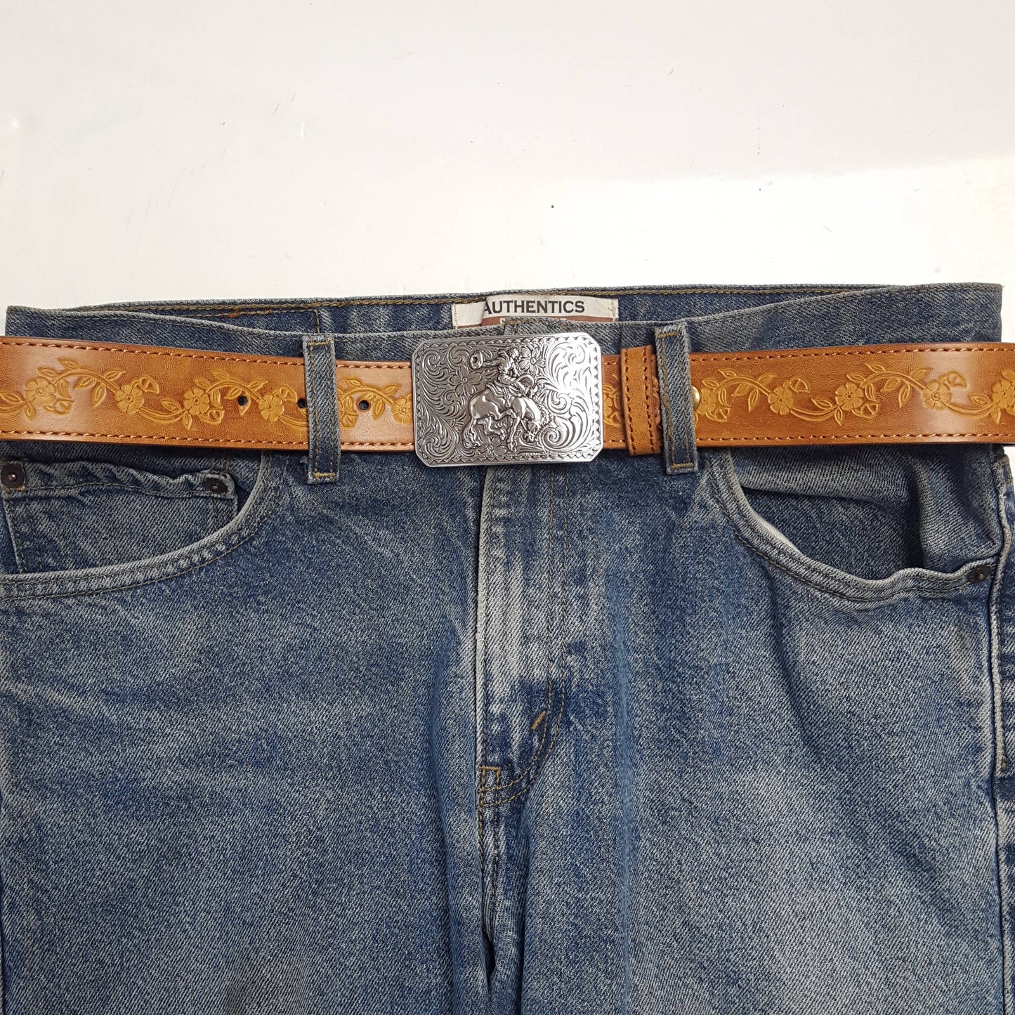 Vintage Floral Tooled Belt with Silver Rodeo Buckle