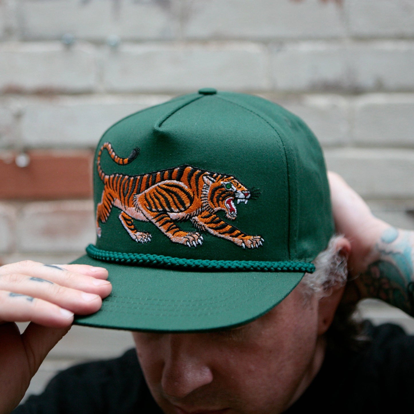 Unisex Tattoo-Style Tiger Cap in Spruce Green