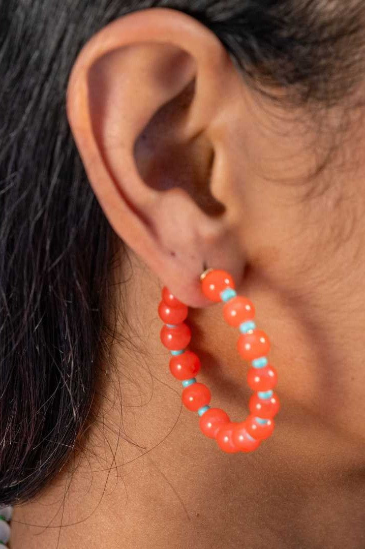 Angela Round Stones With Alternating Seed Bead Hoop Earrings