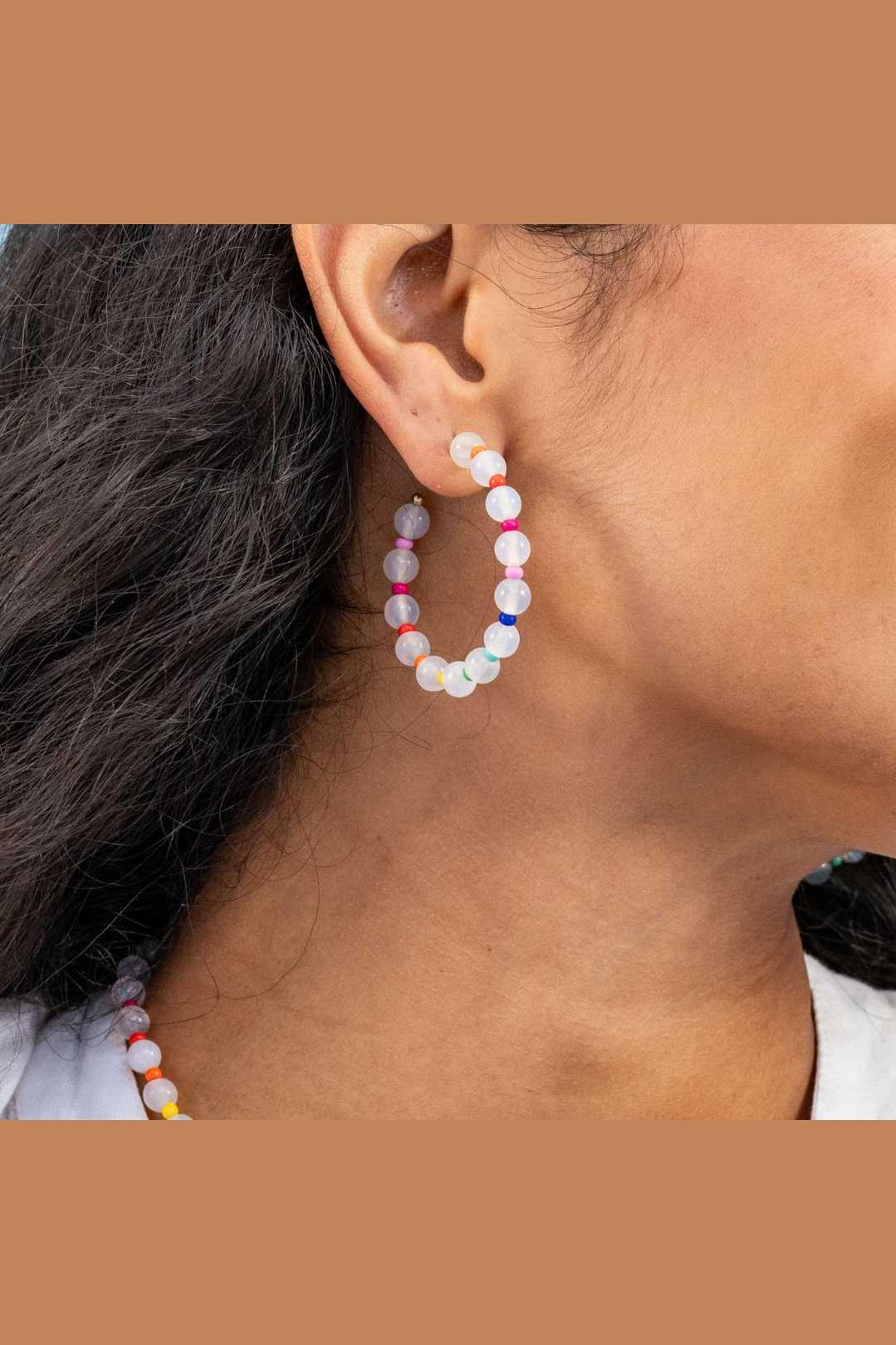 Angela Round Stones With Alternating Seed Bead Hoop Earrings