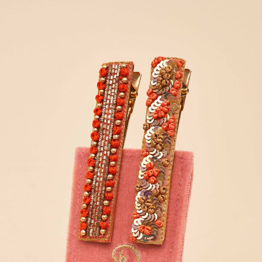 Narrow Jewelled Hair Bar (Set of 2) - Coral Ovals & Beads