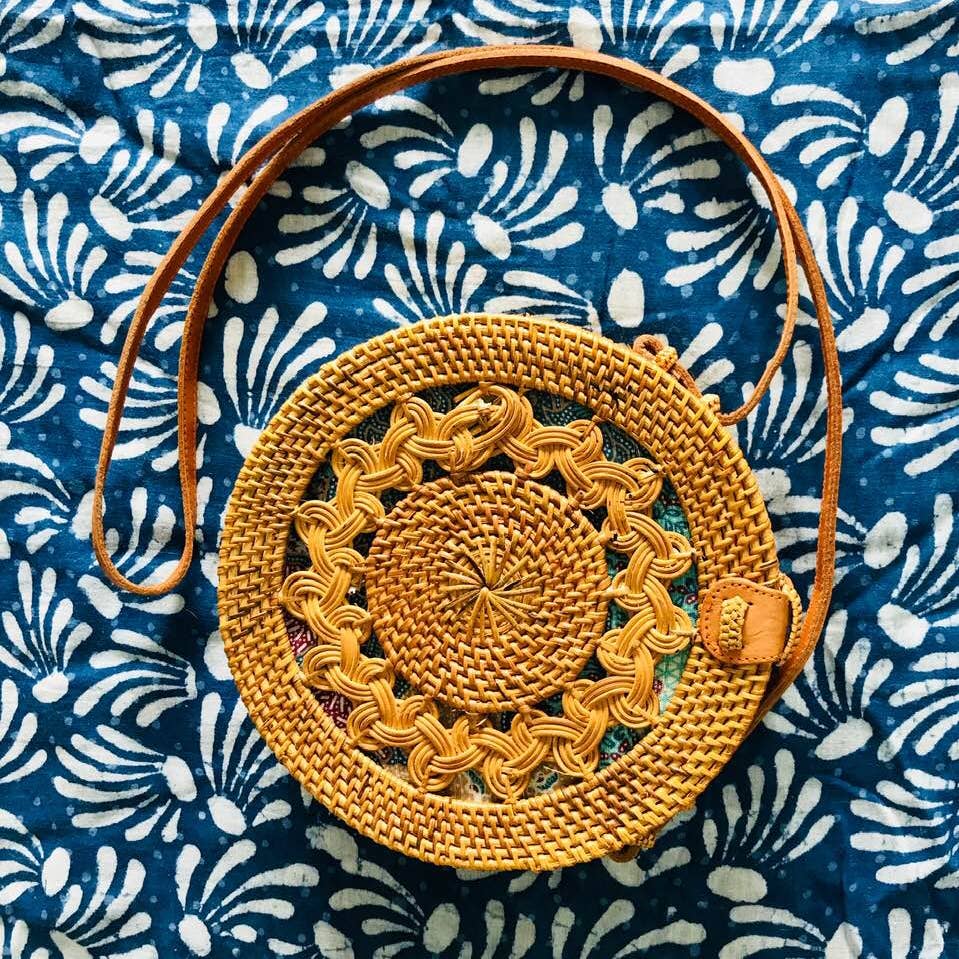 Round Sun Rattan Cross Body Bag