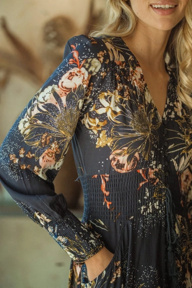 Flowerbomb Print Sabrina Maxi Dress