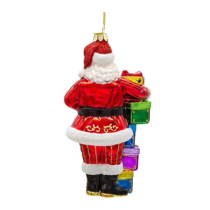 Bellissimo Glass Santa With Gift Boxes Ornament