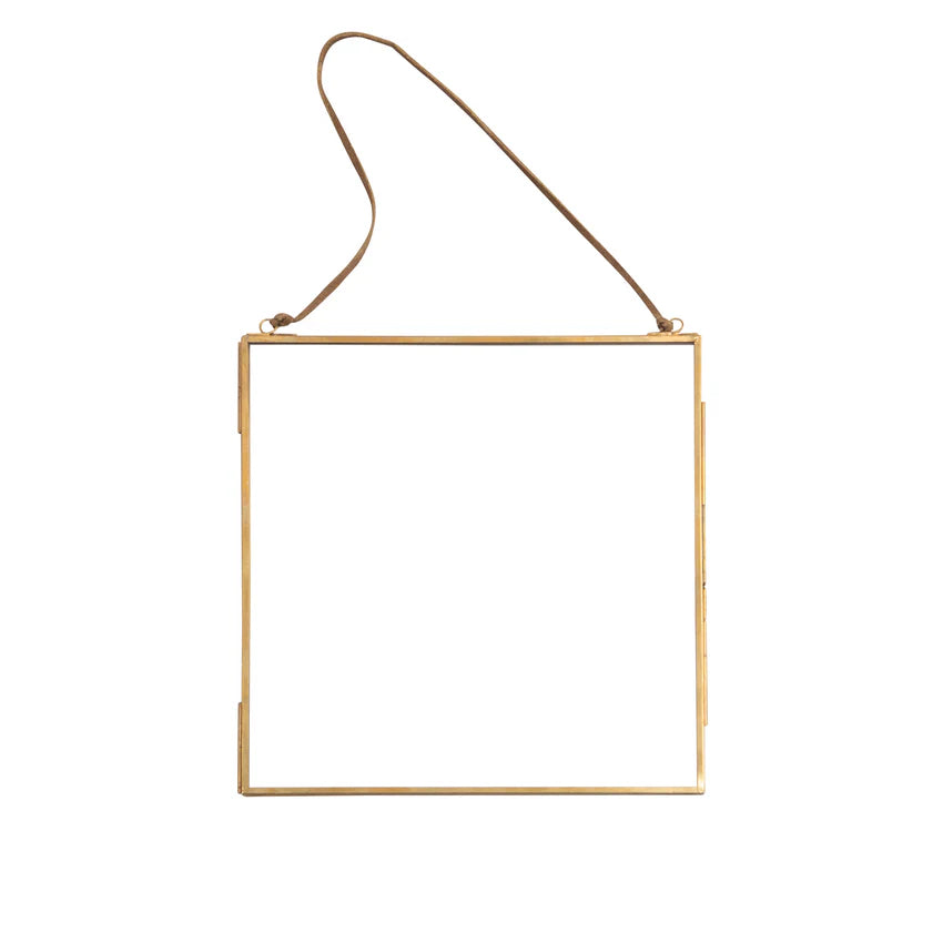 Glass and Brass Metal Wall Hanging Picture Frame with Brown Suede