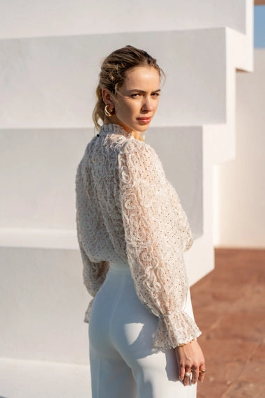 High-Neck Plumetis Lace Blouse