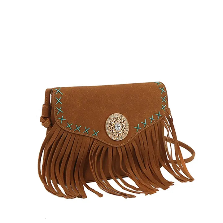 Western Concho Fringe Boho Flap Crossbody Bag