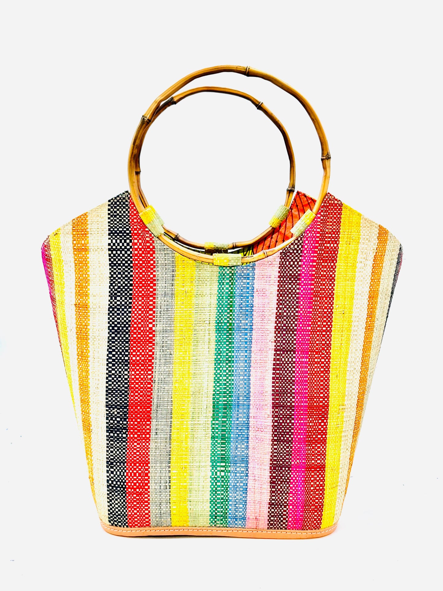 Carmen Solid & Stripes Straw Bucket Bag with Bamboo Handles