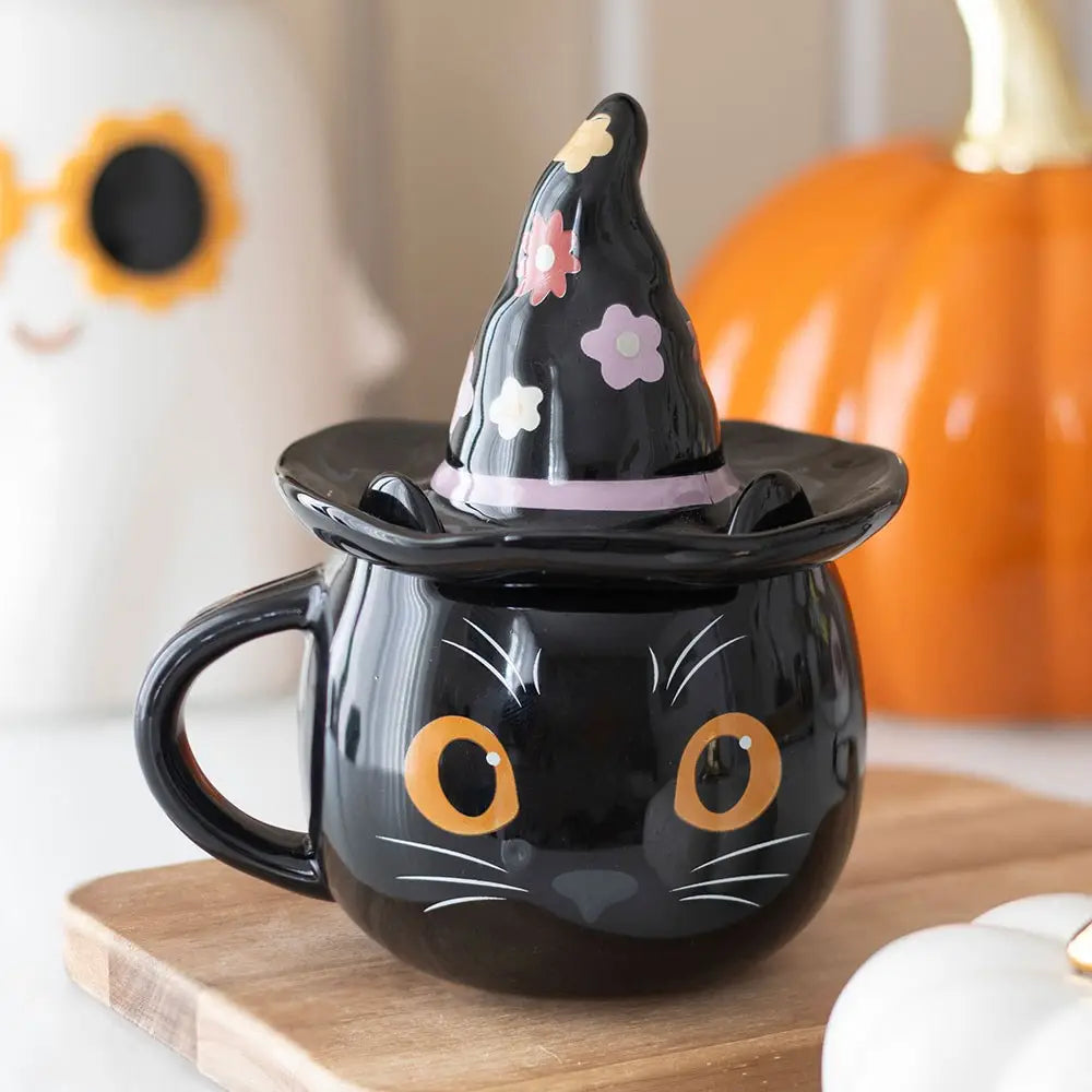 Groovy Witch Cat Lidded Halloween Mug