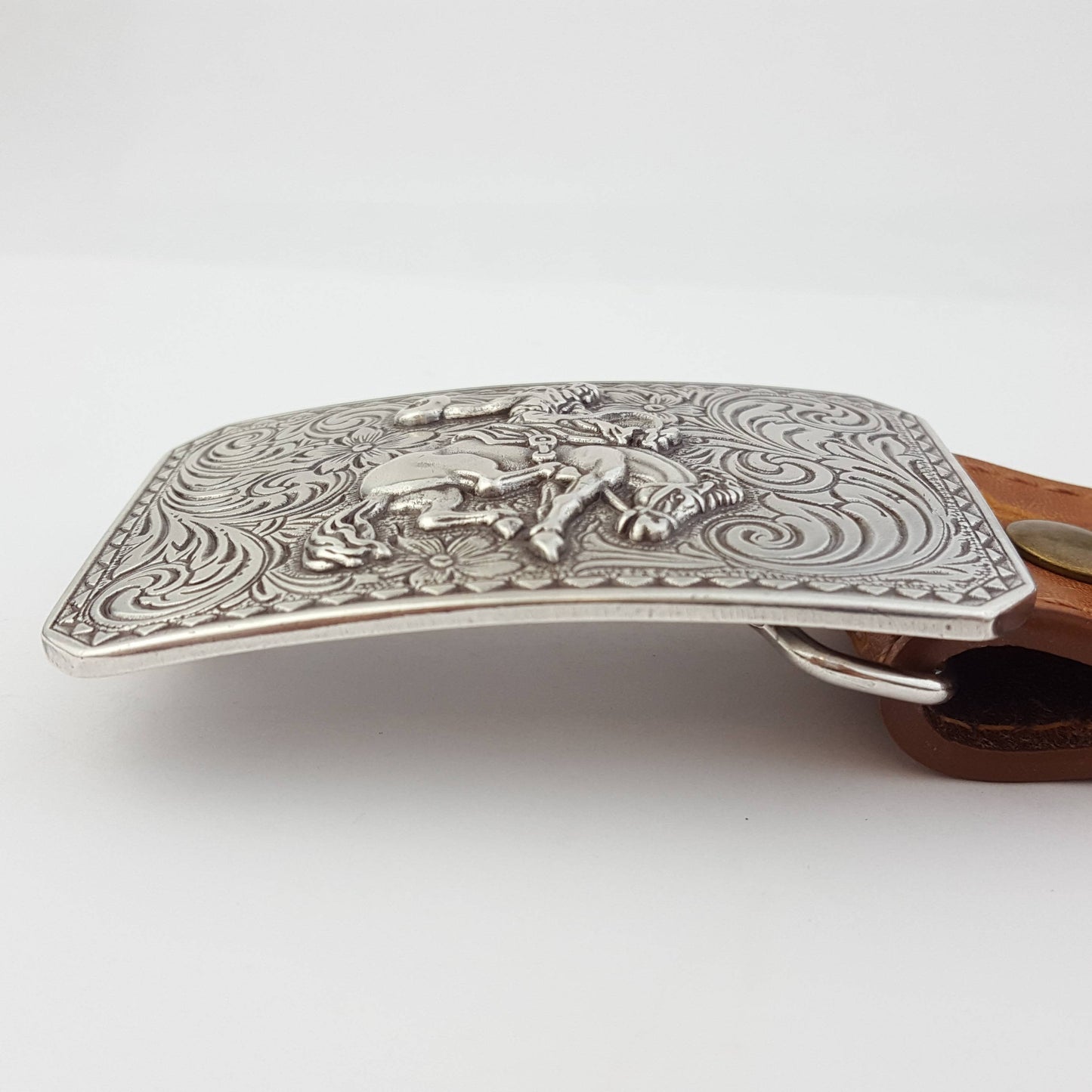 Vintage Floral Tooled Belt with Silver Rodeo Buckle