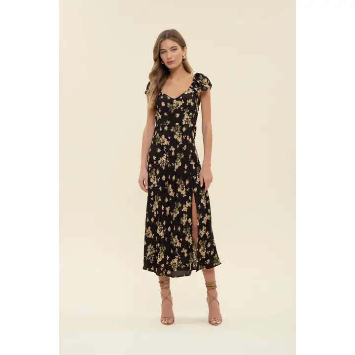 Floral V Neck Ruffle Sleeve Side Slit Midi Dress