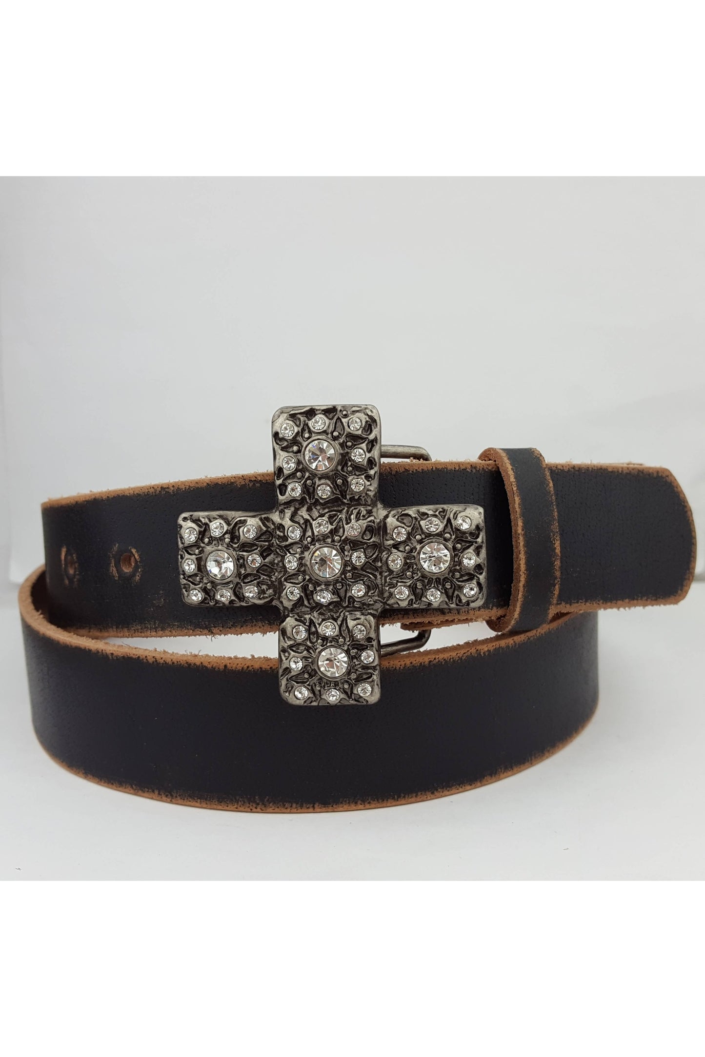 Vintage/Distressed Genuine Leather w. Crystal Cross Buckle