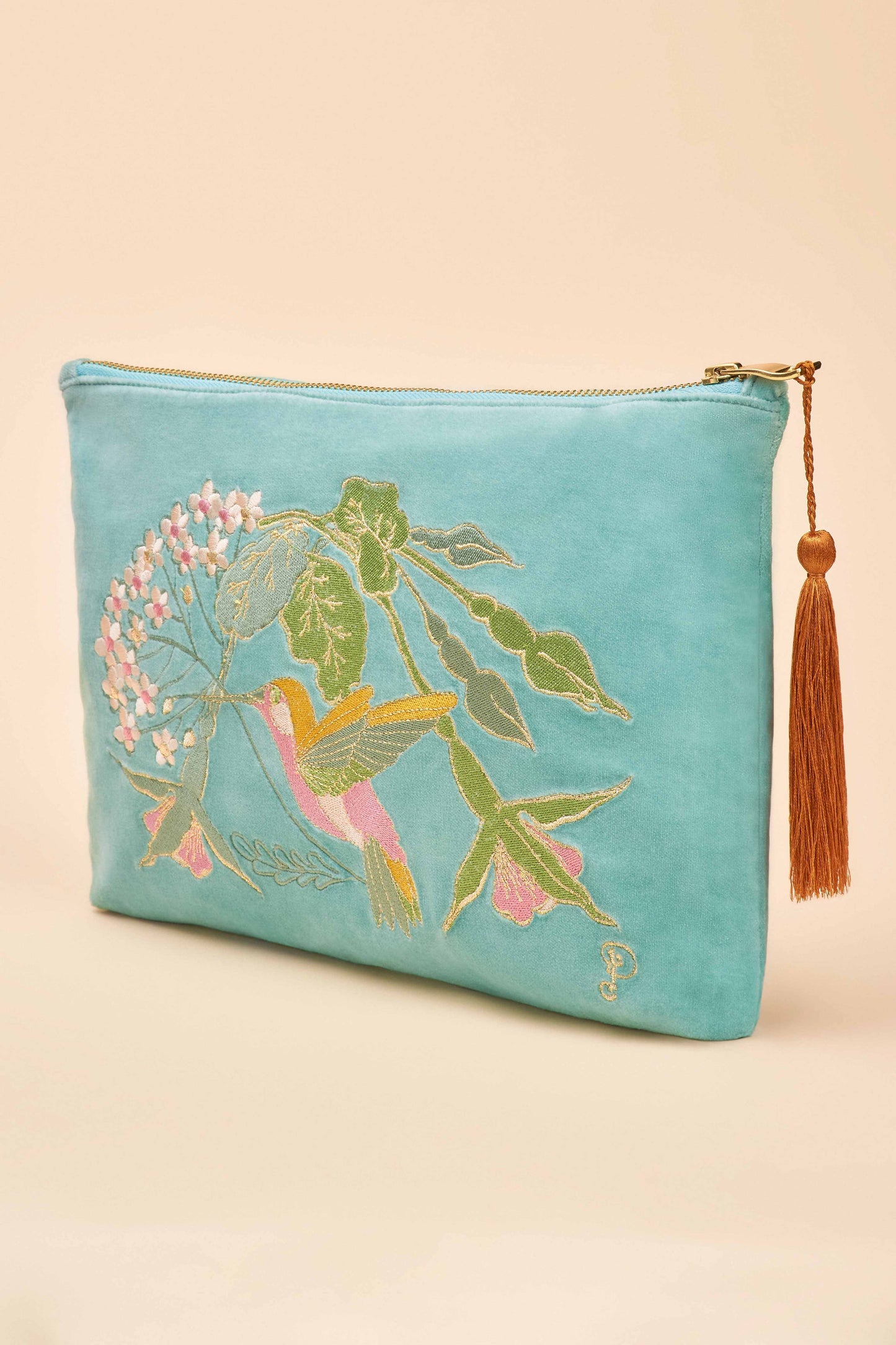 Velvet Embroidered Zip Pouch | Hummingbird