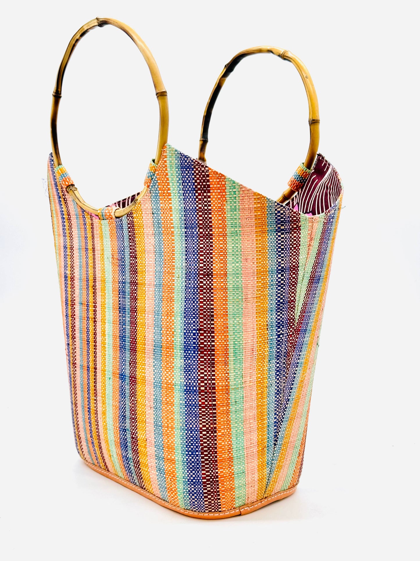 Carmen Solid & Stripes Straw Bucket Bag with Bamboo Handles