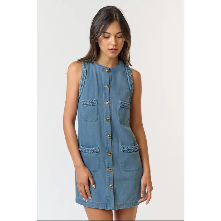 Lizzie Braided Denim Pocket Mini Dress